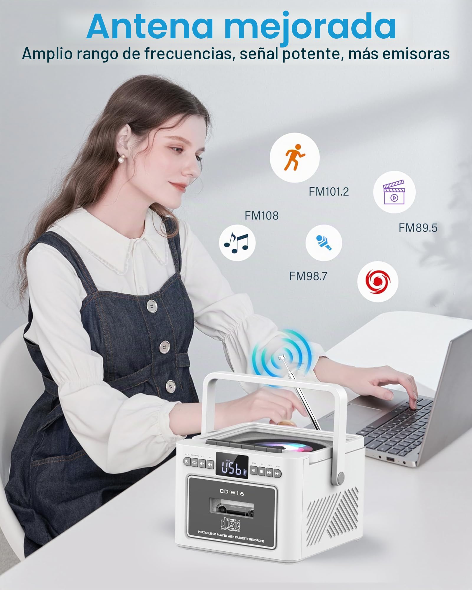Greadio Boombox - Reproductor de CD portátil, reproductor de casete con radio FM, Bluetooth 5.1, batería recargable de 5000 mAh, control remoto, entrada de tarjeta AUX/USB/SD, altavoz de 5 W, pantalla