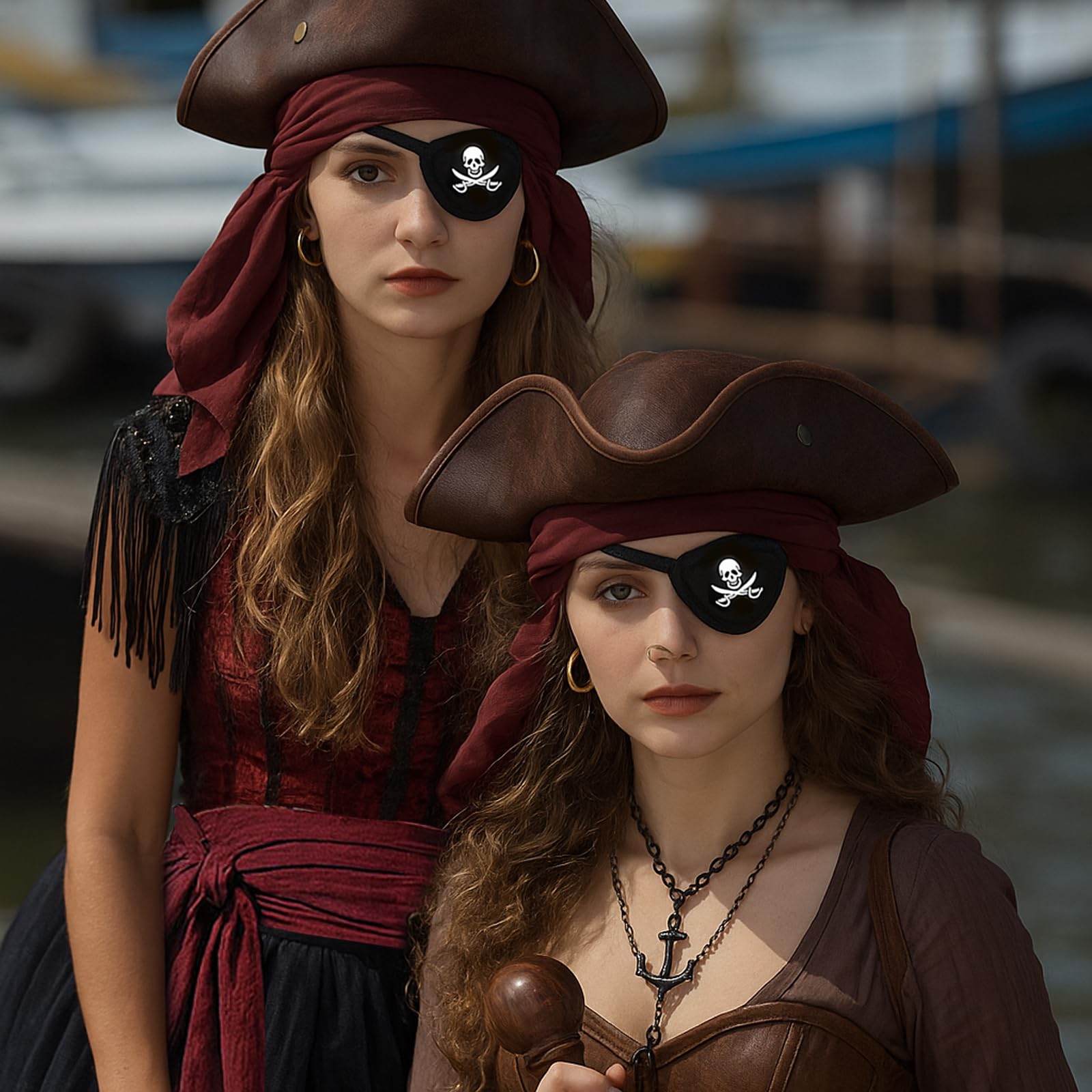 AYNKH Zestaw 6 akcesoriów pirackich dla mężczyzn i kobiet kapelusz szalik pasek naszyjnik z kotwicą kolczyki pirackie zatyczki do oczu idealne na Halloween, cosplay pirackie bale zamaskowane pokazy