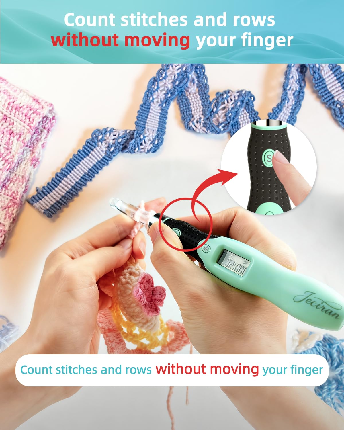 Verbessertes Häkelnadel-Set – 24-in-1 austauschbare Haken-Set – beleuchtet, digitaler Stich- und Reihenzähler – keine Notwendigkeit, Finger zu bewegen, ergonomisch für arthritische Hände – cooles