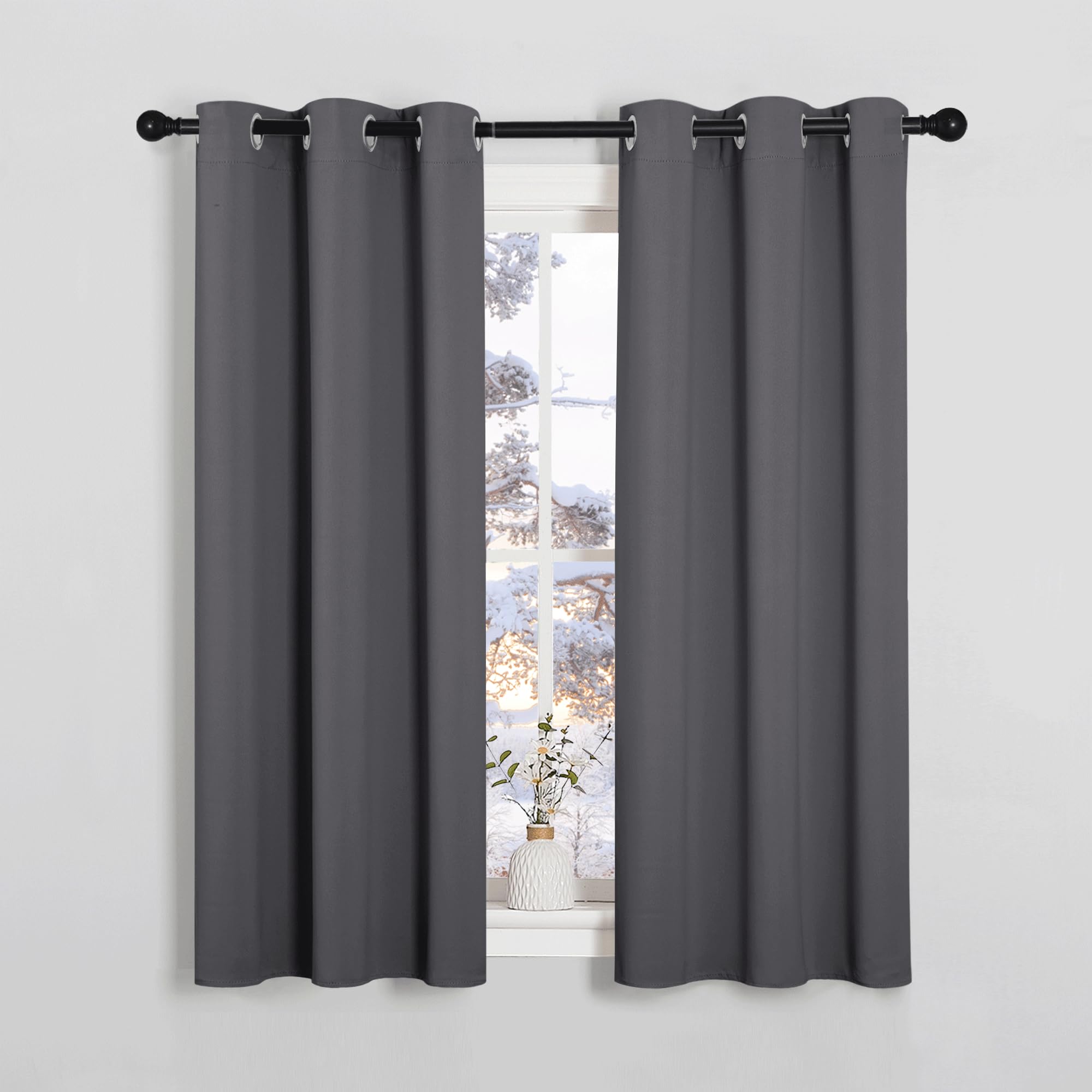 PONY DANCE Short Grey Blackout Curtains With Eyelet for Bedroom Thermal Room Darkening Privacy Curtains & Drapes for Nursery Kids,Soundsproof Light Blocking Drapes