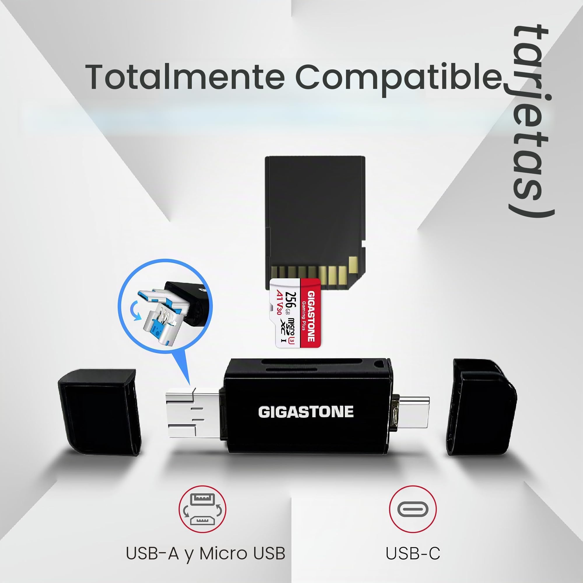 【5 Años Recuperación de Datos Gratis】 GIGASTONE 256GB Tarjeta SD con Lector de Tarjetas USB Tipo C, 4K Cámara Pro Serie, hasta 100MB/s, Videocámara, A1 V30 UHS-I Clase 10 para 4K UHD