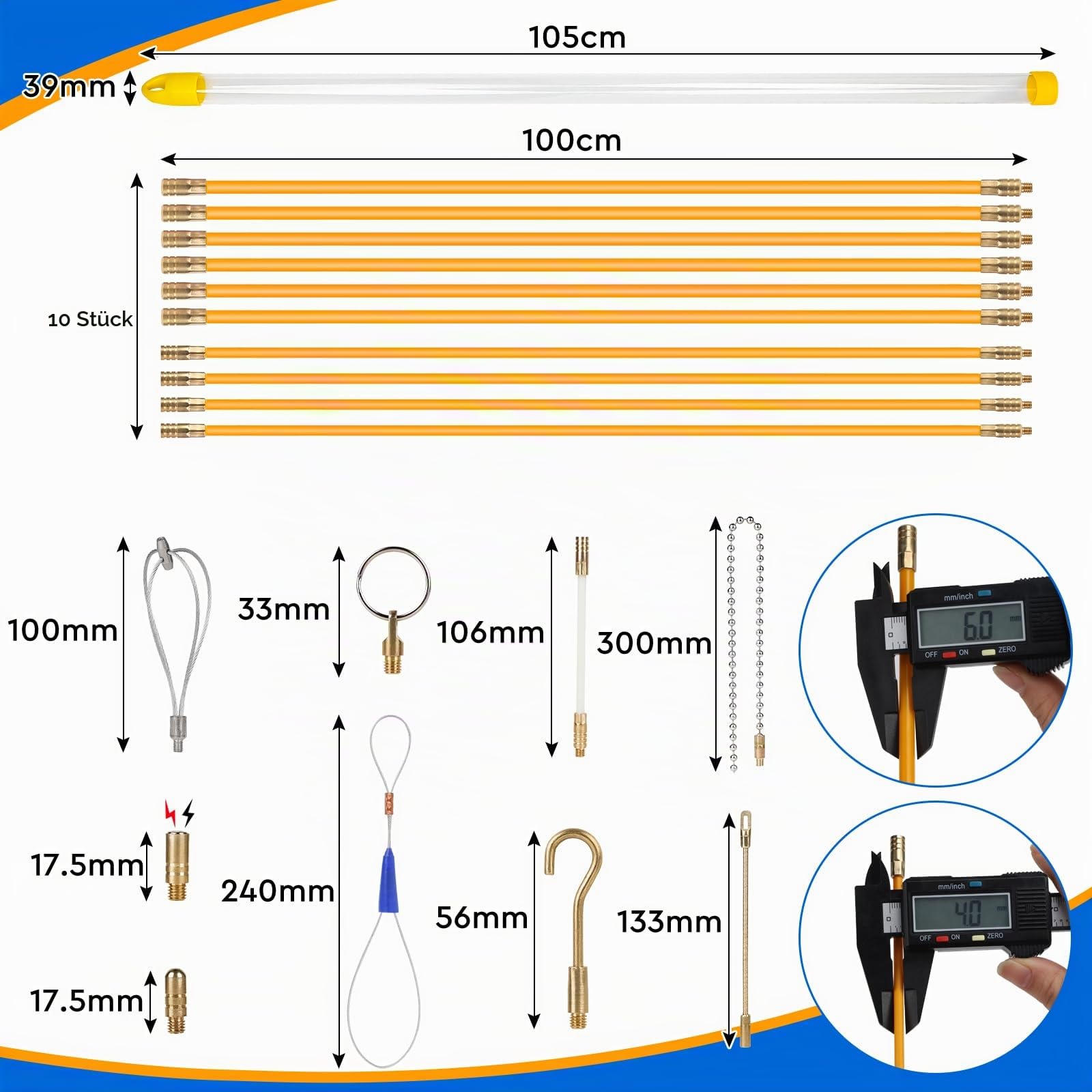 EFUTURETIME 10 x Einziehhilfe Kabel Fiberglas 1m Kabeleinziehstangen