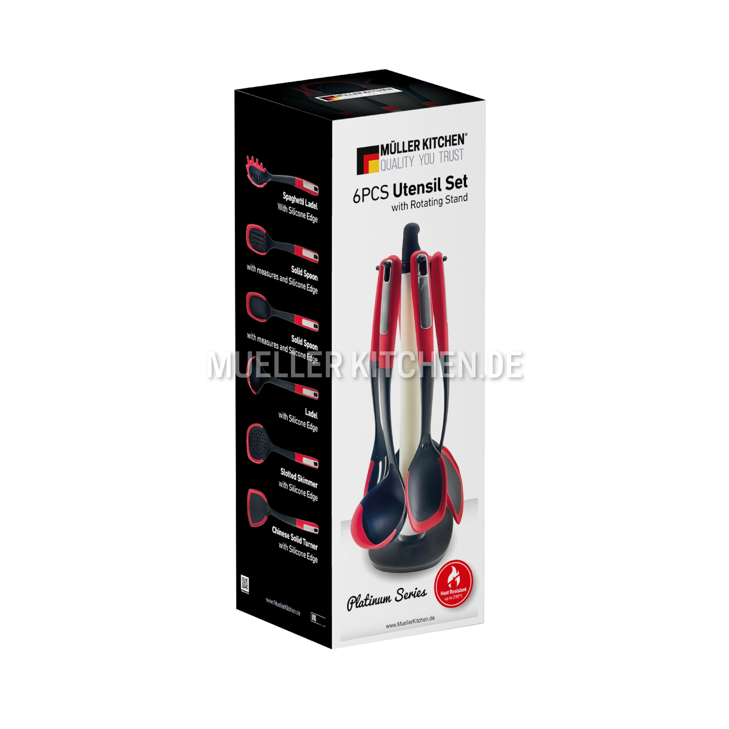 Muller Kitchen MK-1611 Kitchen Utensil Set (7-Piece with Silicone Edges, 360° Rotating Stand, Ergonomic Rubber and Stainless Steel Handles, for Nonstick Cookware)