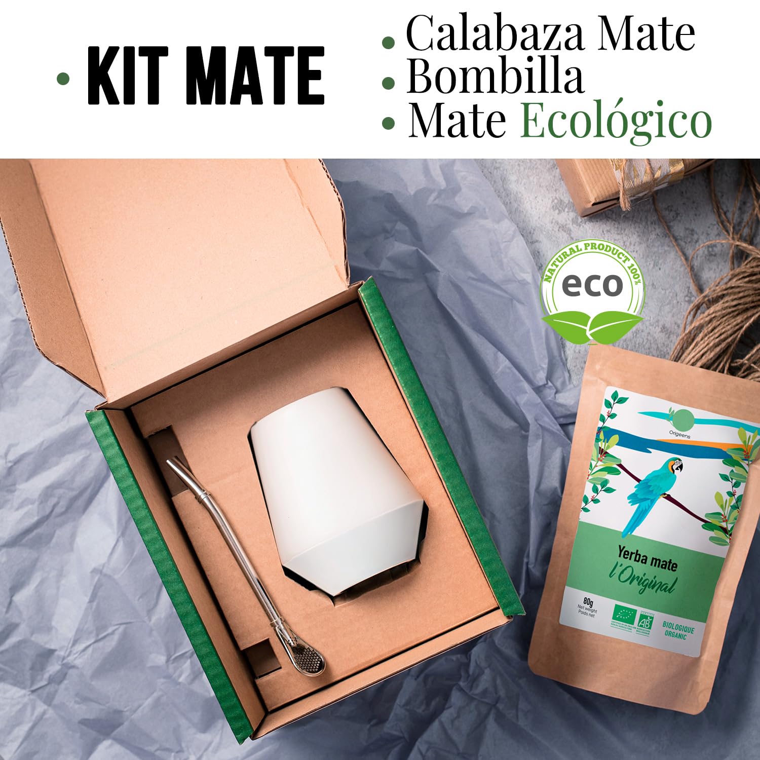 ORIGEENS KIT MATE - Calabaza Mate (Portugal) Cerámica Artesanal, Bombilla Mate y Yerba Mate Ecológico - Cajita regalo original