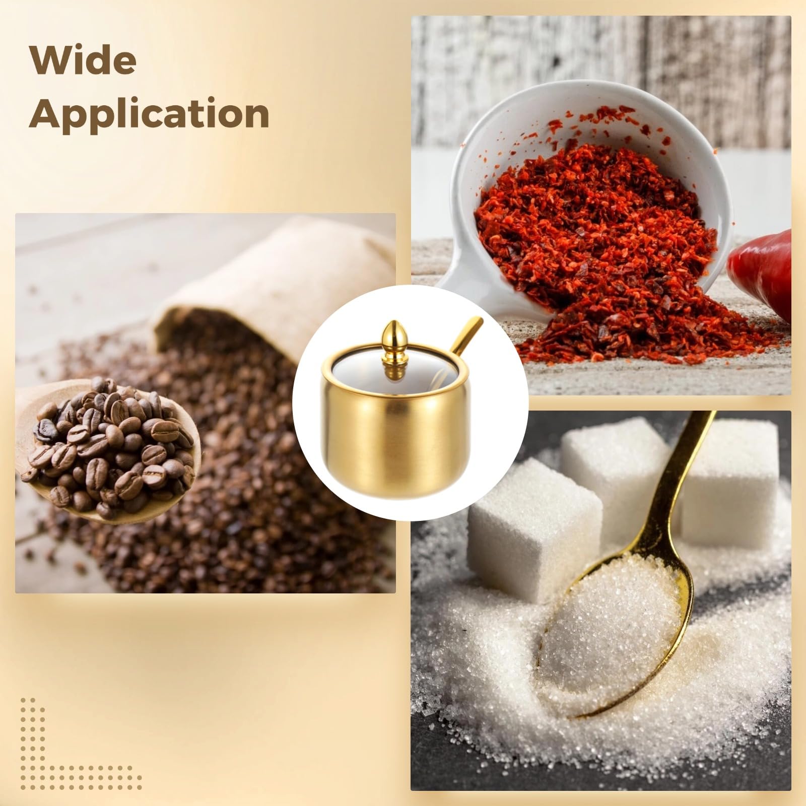Generisch 4 Stk. Zuckerdosen mit Deckel und Löffel, goldfarbener Edelstahl Gewürzbehälter, Gewürzglas mit Etikettenaufklebern für Küche, Kaffeebereich, Zucker, Salz, Pfeffer und mehr