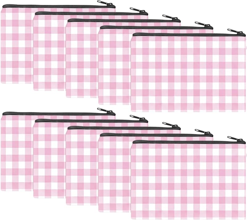 Chunful Necessaires de Maquiagem em Lona com Zíper, Xadrez Rosa, Pacote com 10