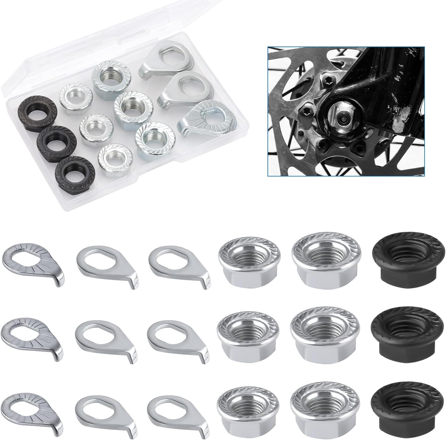 NQEUEPN 18pcs Bike Wheel Axle Nut and Bicycle Hub Safety Washer Kit, M8 M9.5 M10 Bicycle Hub Flanged Axel Nut Bike Parts for Mountain Bike Front & Rear Wheel Axle