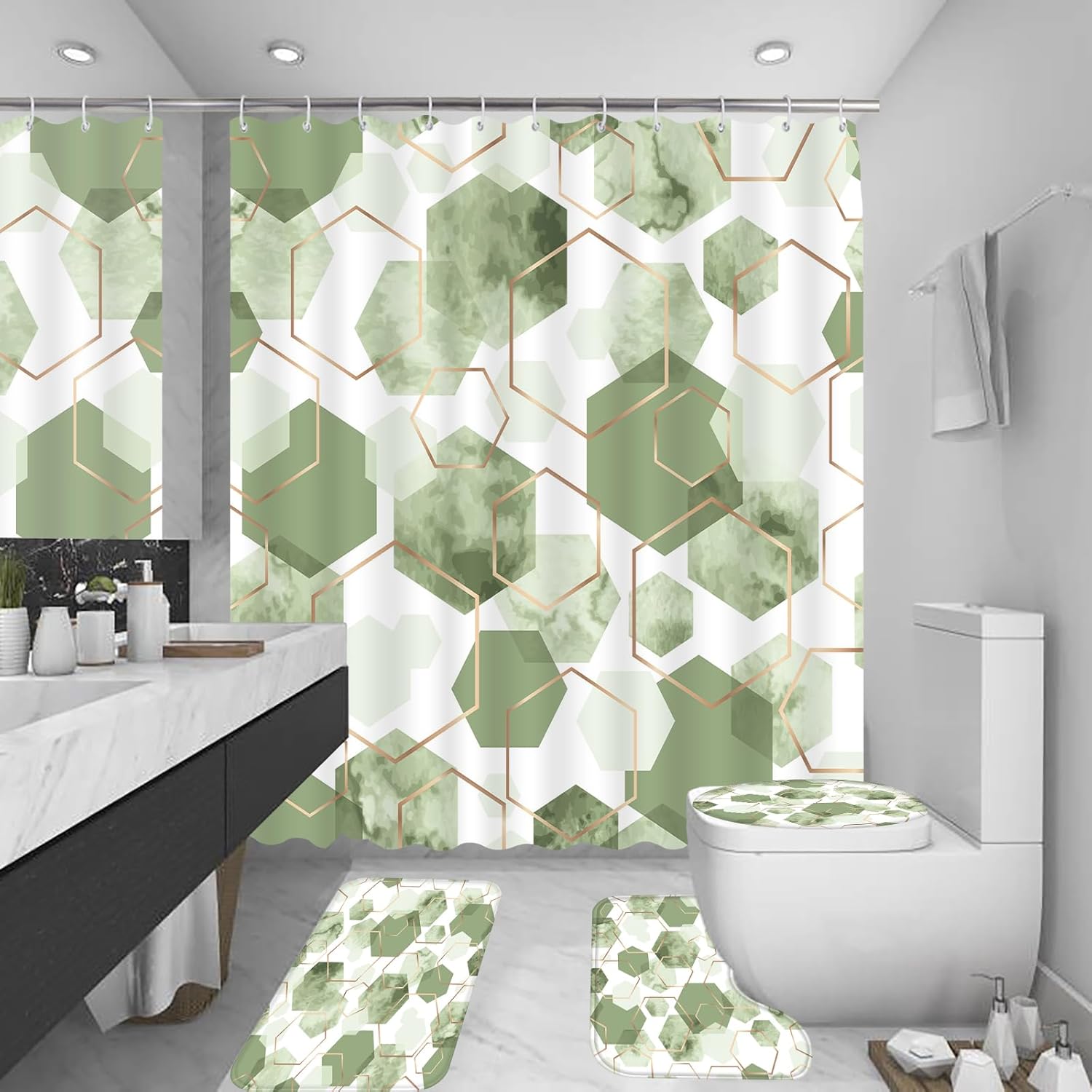 Muuyi 4Pcs Sage Green Geometric Shower Curtain Set, Neutral Modern Art Deco Shower Curtain with Hooks, Elegant Trendy Simple Bathroom Sets with Shower Curtain and Rugs, 71 * 71in