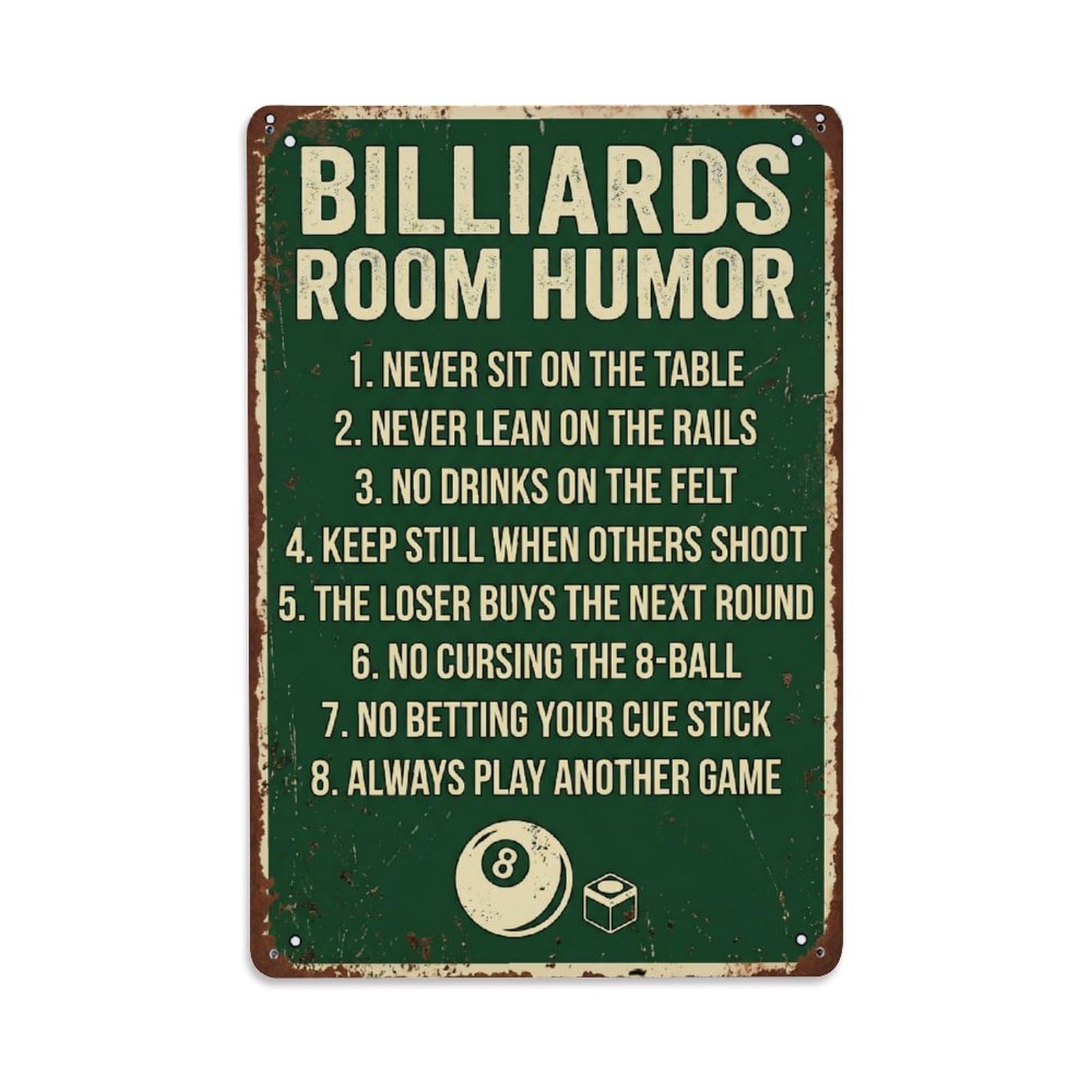 Billiards Room Funny Vintage Humor Metal Tin Sign Plaque Wall Decor for Cafe, Club Bar, Office, Home Garden Metal Poster 8x12Inch