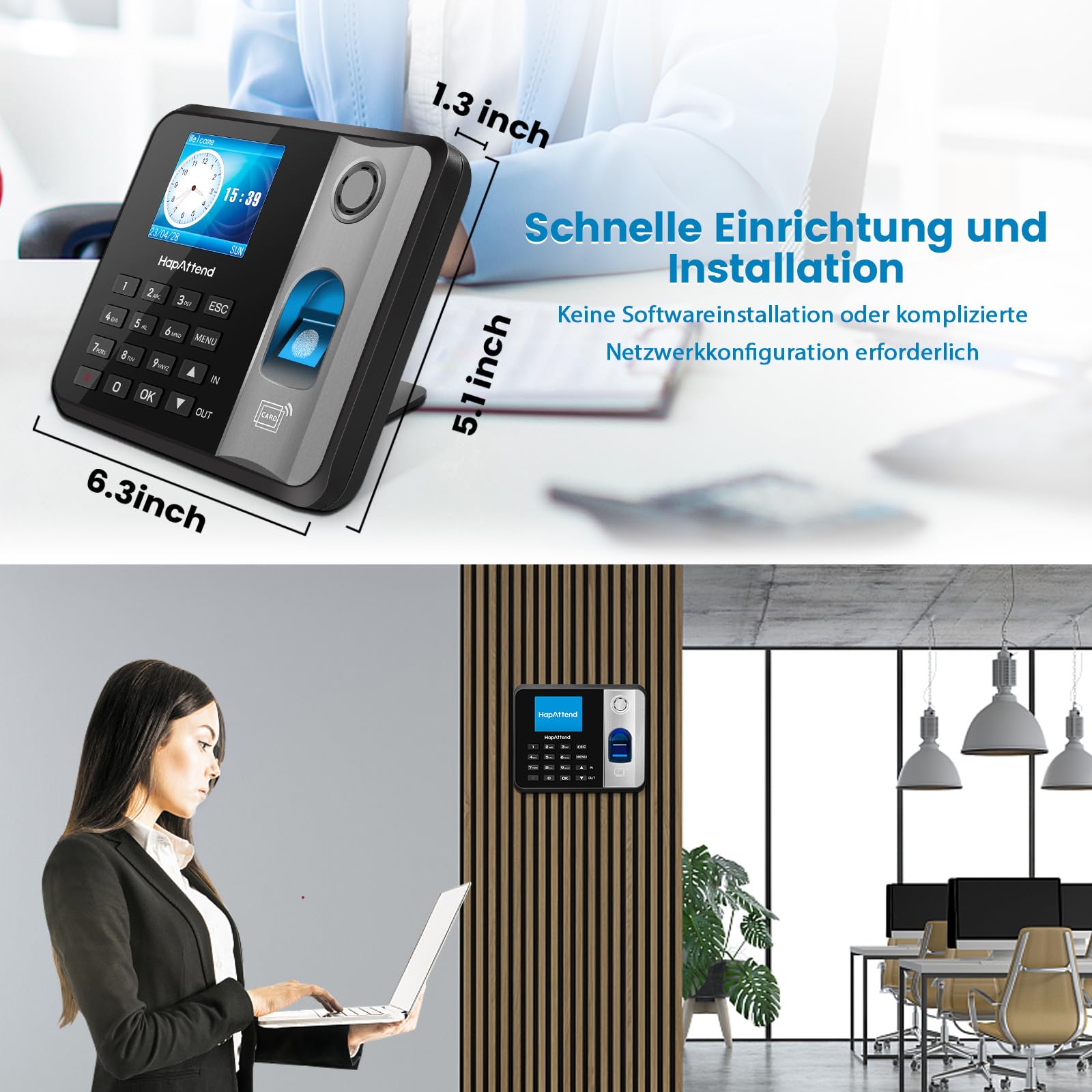 Registro de tiempo para pequeñas empresas, reloj de sello de huellas dactilares, registro de tiempo de trabajo, reloj de sello de edición alemana, registro de tiempo empleados con 5 RFID (0