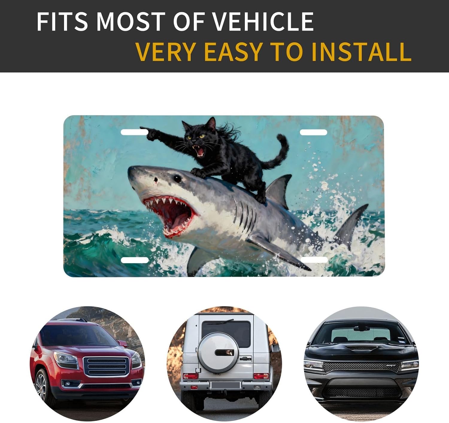 Black Cat Shark Ocean Front License Plate for Women Car Vanity Plates Decorative Aluminum Metal Cute Novelty License Plate Cover for Men 6x12 Inch (4 Holes)