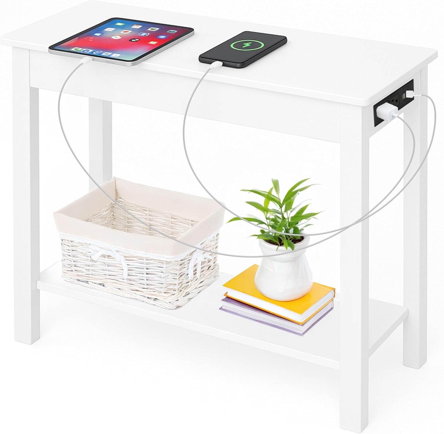 Narrow Side Table with Charging Station - Small End Table with 2 USB Ports, 2 Power Outlets, and Storage Shelf - Slim Nightstand for Living Room, Bedroom, or Small Spaces by Lavish Home (White)
