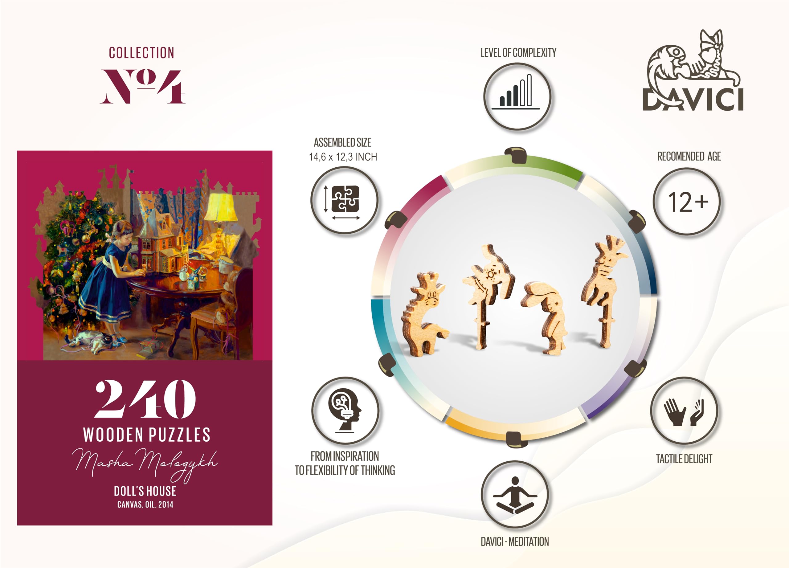 DAVICI | Drewniane Puzzle | D4 - Doll House | 240 sztuk | Rozrywka dla dorosłych i dzieci | Wyzwanie umysłowe | Unikalne kształty | Niesamowite wzory | Dekoracja koronki | Prezent |