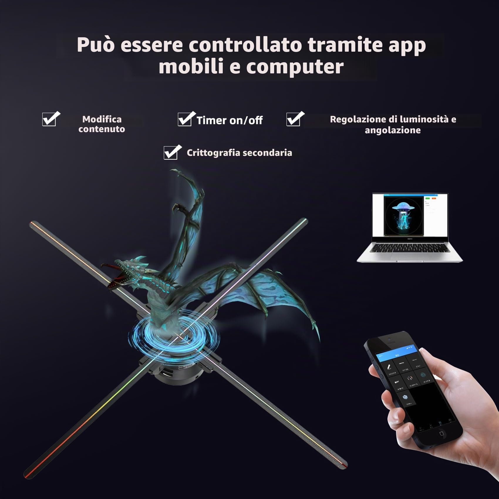 Missyou Ventilatore Olografico 3D 85CM, Proiettore Olografico LED con 1024 Perline Luminescenti, WiFi & APP Controllo, Bluetooth, Video Wall 3D, Con 700 Video Gratuiti, Display Pubblicitario