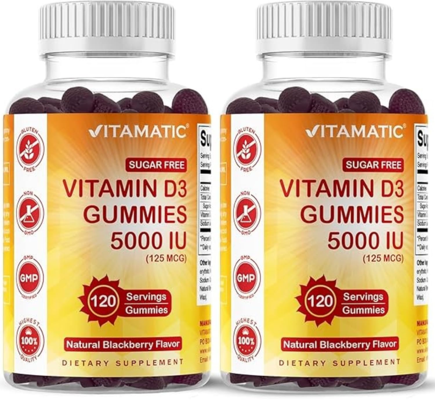 Vitamatic Sugar Free Vitamin D3 5000 IU - 120 Gummies - Great Taste - Healthy Bones, Mood & Immune System Function - Non-GMO - 120 Servings (5000 IU)