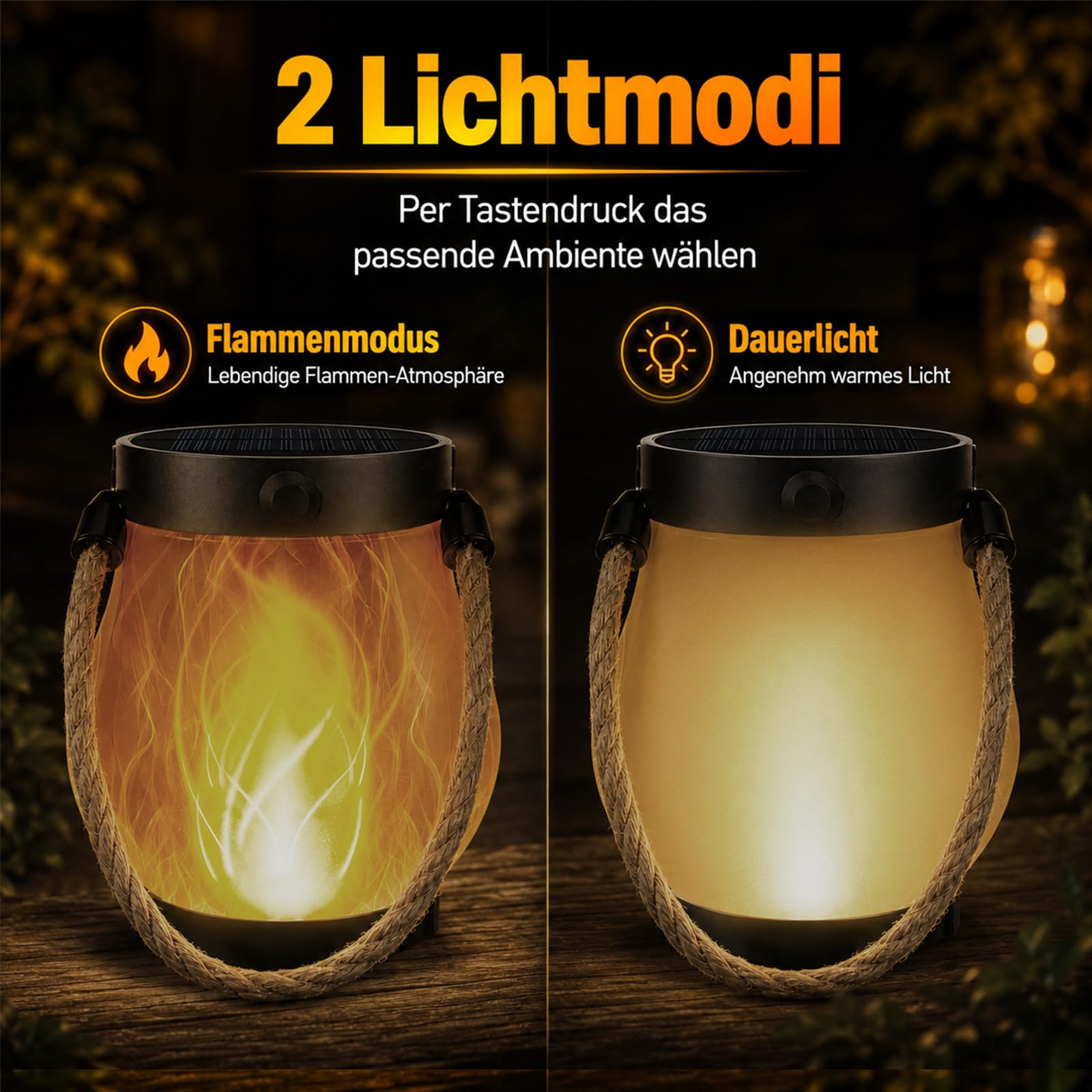 Klynero Solar Laterne Outdoor mit LED-Flammeneffekt, IP65 Wetterfest (2) | Warmer Flammeneffekt, Solar- und USB-C-Ladung, über 10 Std. Licht – ideal für Garten, Balkon und Terrasse.