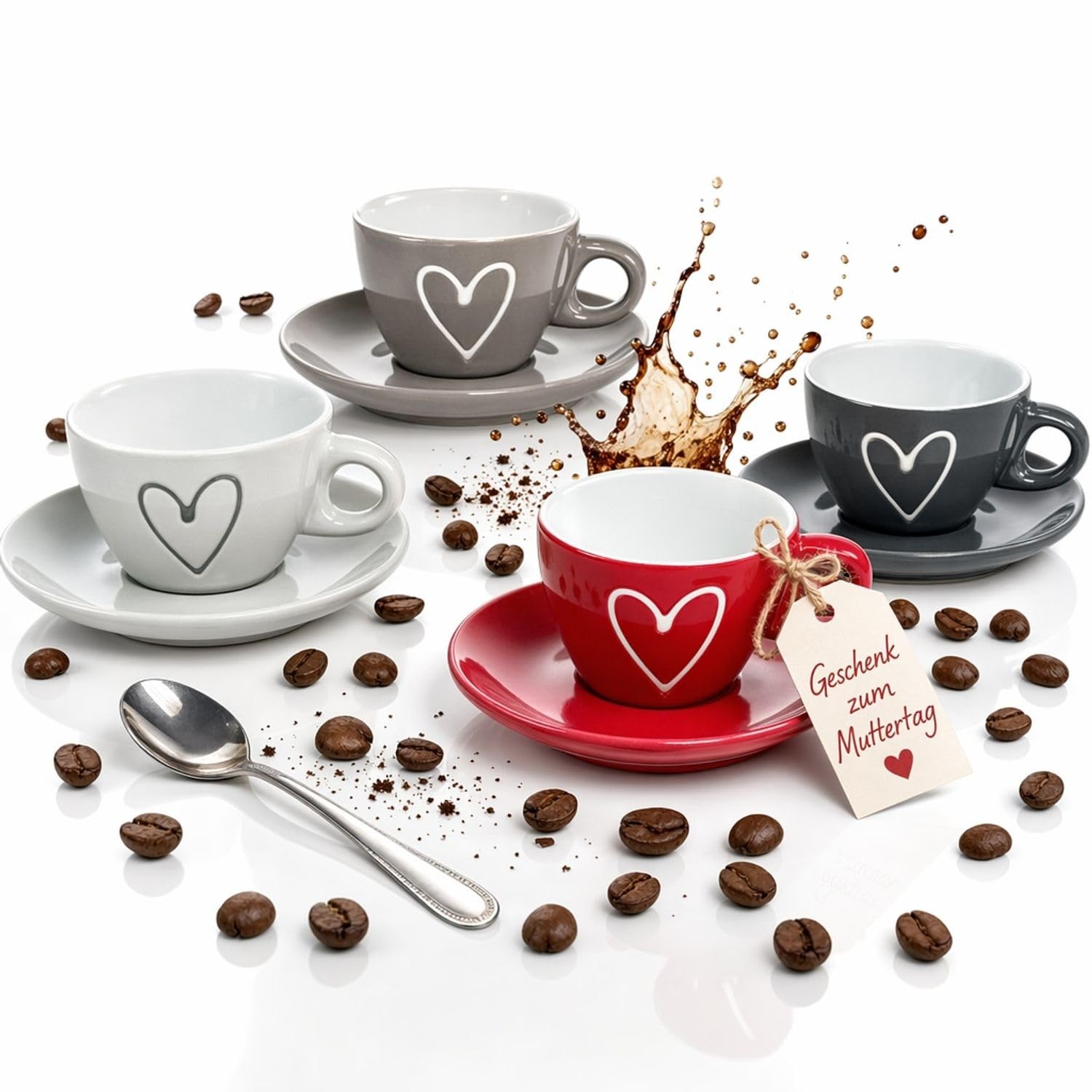 MC-Trend 4er SET Espressotassen mit Herz und Unterteller Ø 6,5 cm aus Keramik mehrfarbig Tasse Haushalt Becher Kaffee Bistro Gastro Küche Event Kantine Büro handgemacht Cup bunt Handmade Unikat Küche