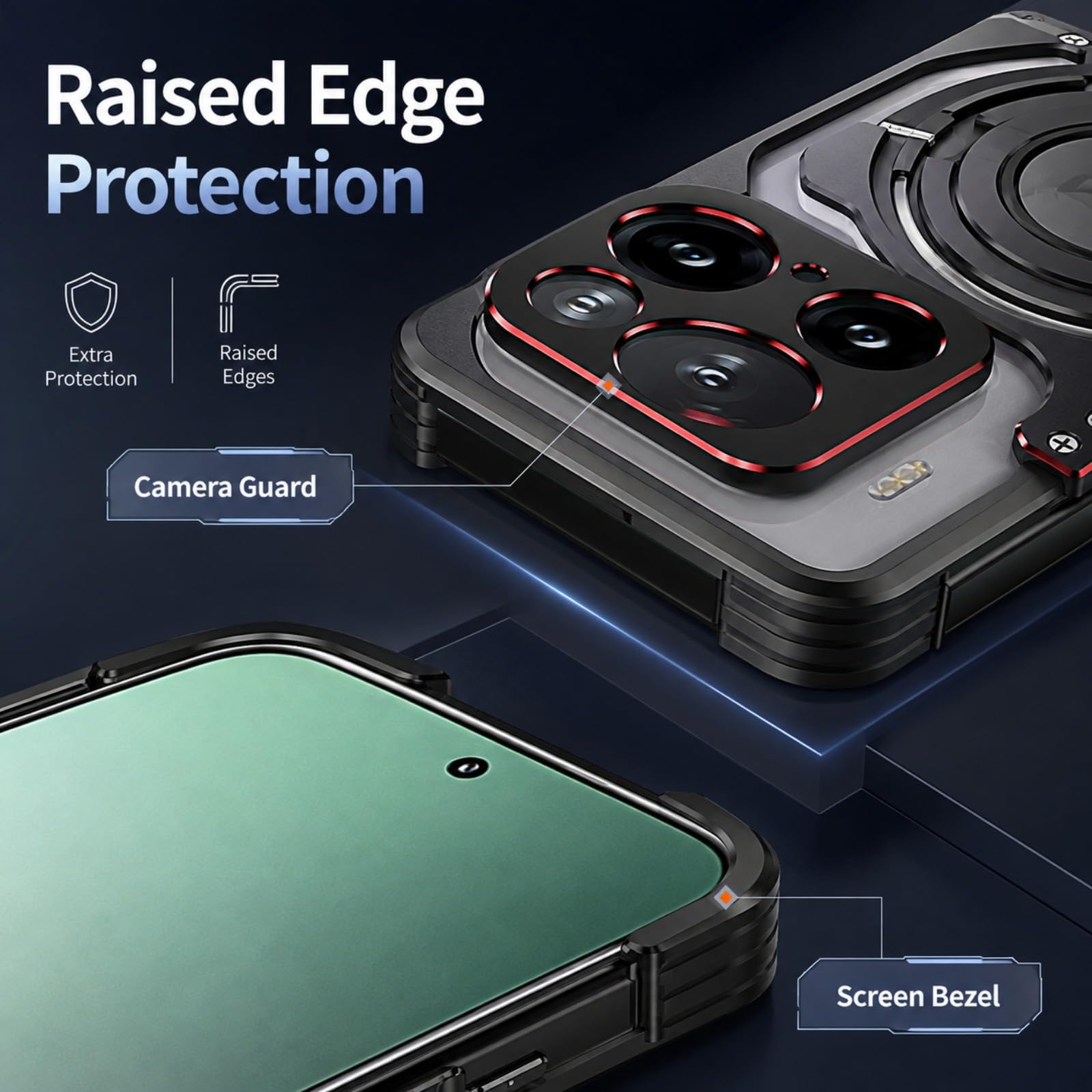 Funda para Xiaomi 15 Pro con Anillo Giratorio, Negro Rojo | Anillo Magnético Giratorio con Soporte, Estructura de Metal Abierta, Bordes de Cámara Elevados, Esquinas Reforzadas