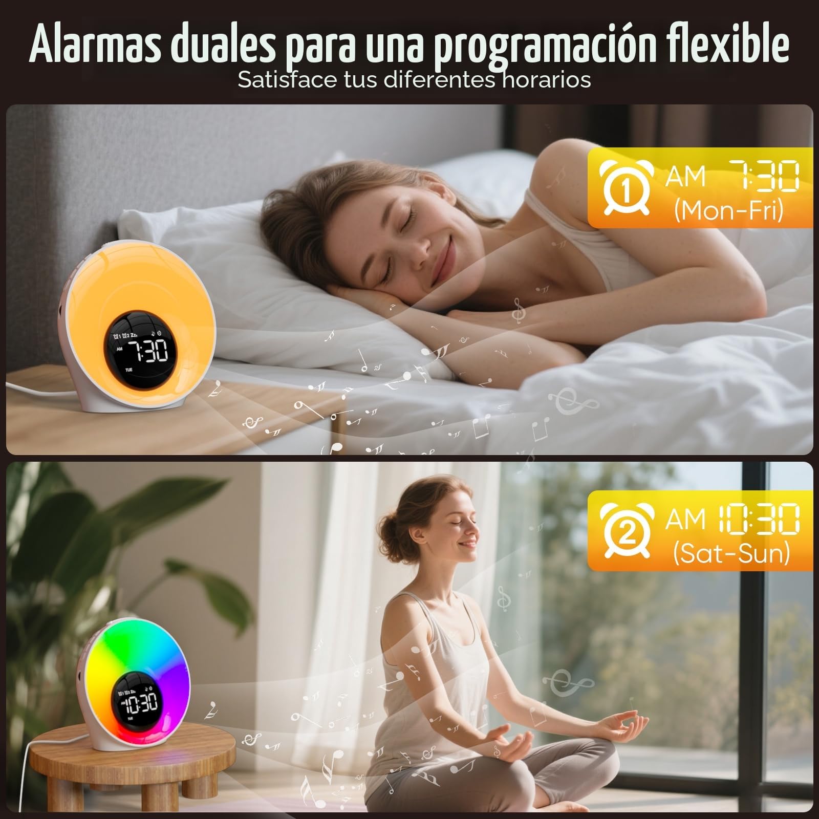 Despertador Luz Natural Simulación de Amanecer Wake Up Light 2 Alarmas 30 Sonidos 20 Brillo 14 Colores Snooze