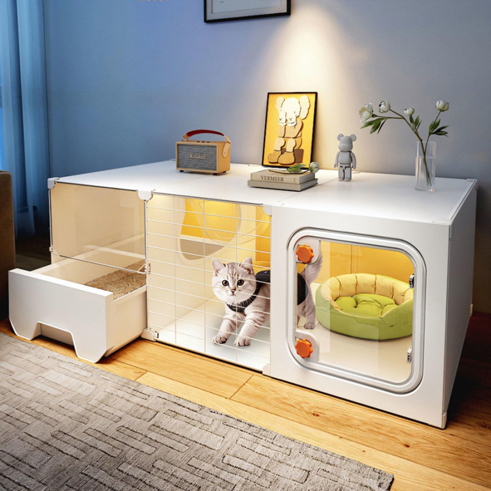 Jaula de Gato Interior con Caja de Arena, Caseta Sencilla de Plástico para Ejercicio y Armario, Blanco, 41 x 18 x 14 Pulgadas