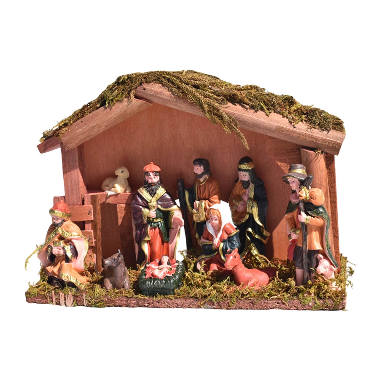Snorvixre Christmas Stable Birth Decoration with Detailed Rosin Figures and Oaken House Birth Set Home Worship Decoration