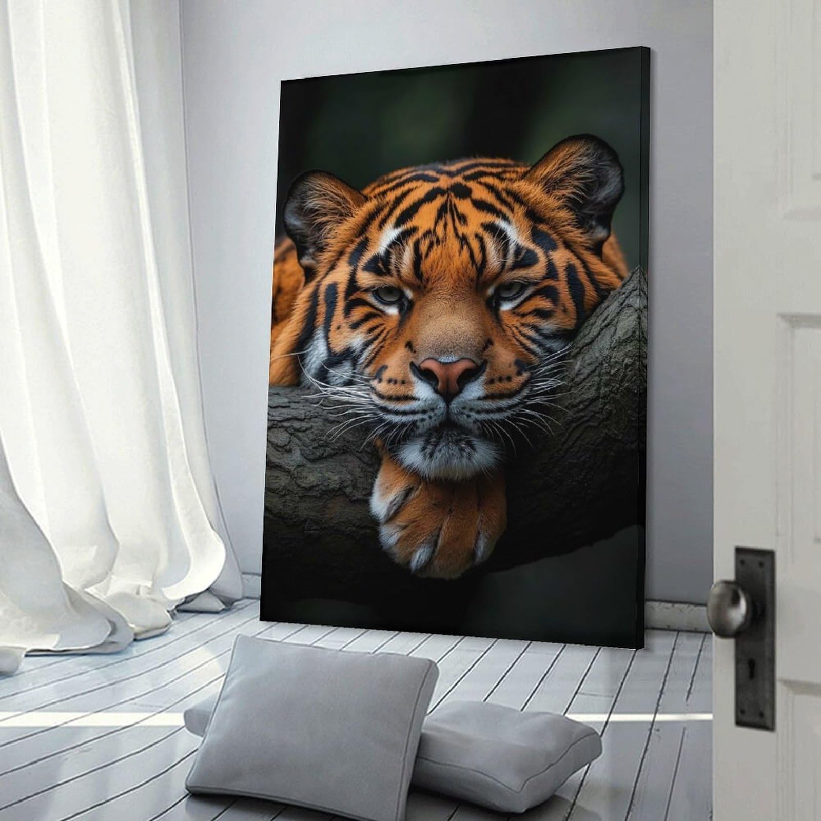 Junmoney Hanging Wall Art Resting Tiger Portrait, 24x36inch(60x90cm), for Wall Displays, Bedrooms Or Room Updates, Decorative Artwork with Flexible Styling