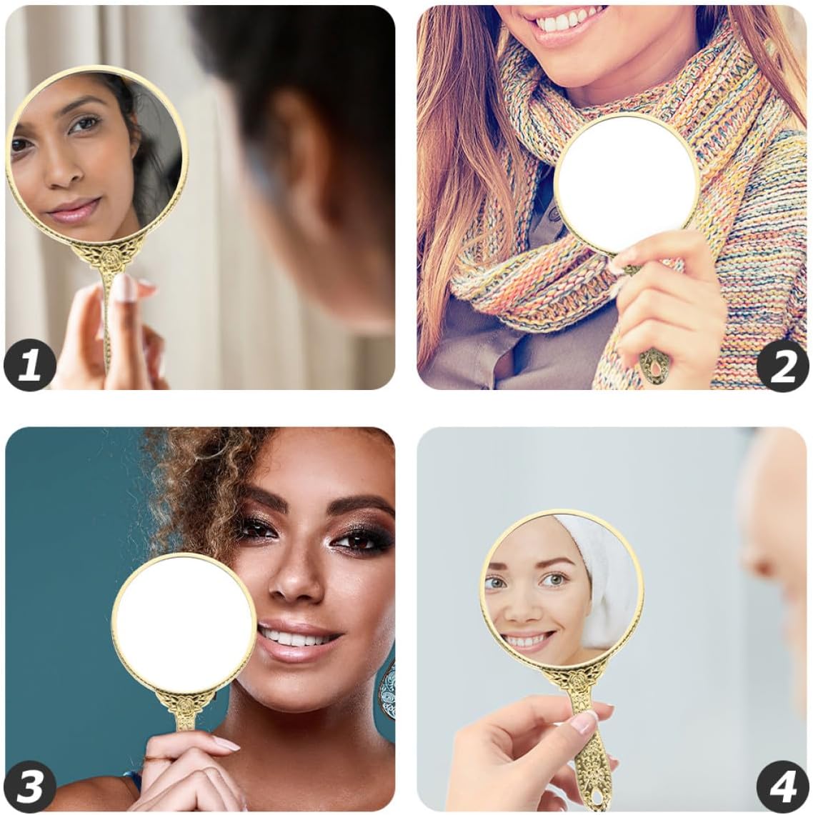 Vintage Handheld Makeup Mirror 2pcs Round Portable Cosmetic Mirrors with Gold and Rose Gold Handles for Travel and Daily Use
