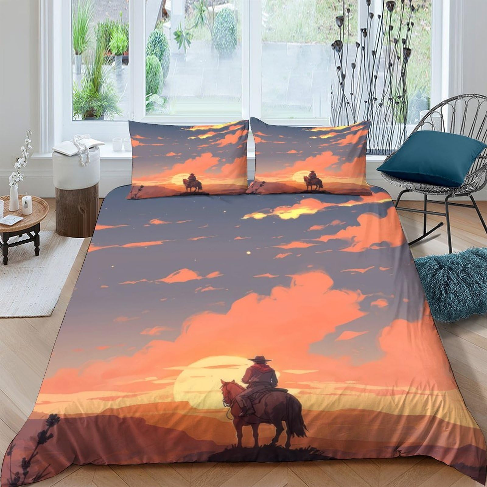 Ctjqhvkz Style-8 3D Printed Sunset Cowboy Fitted Sheet Microfiber Soft Breathable Western Landscape Mattress Cover For Bedroom Home Decor Single（135X200cm）