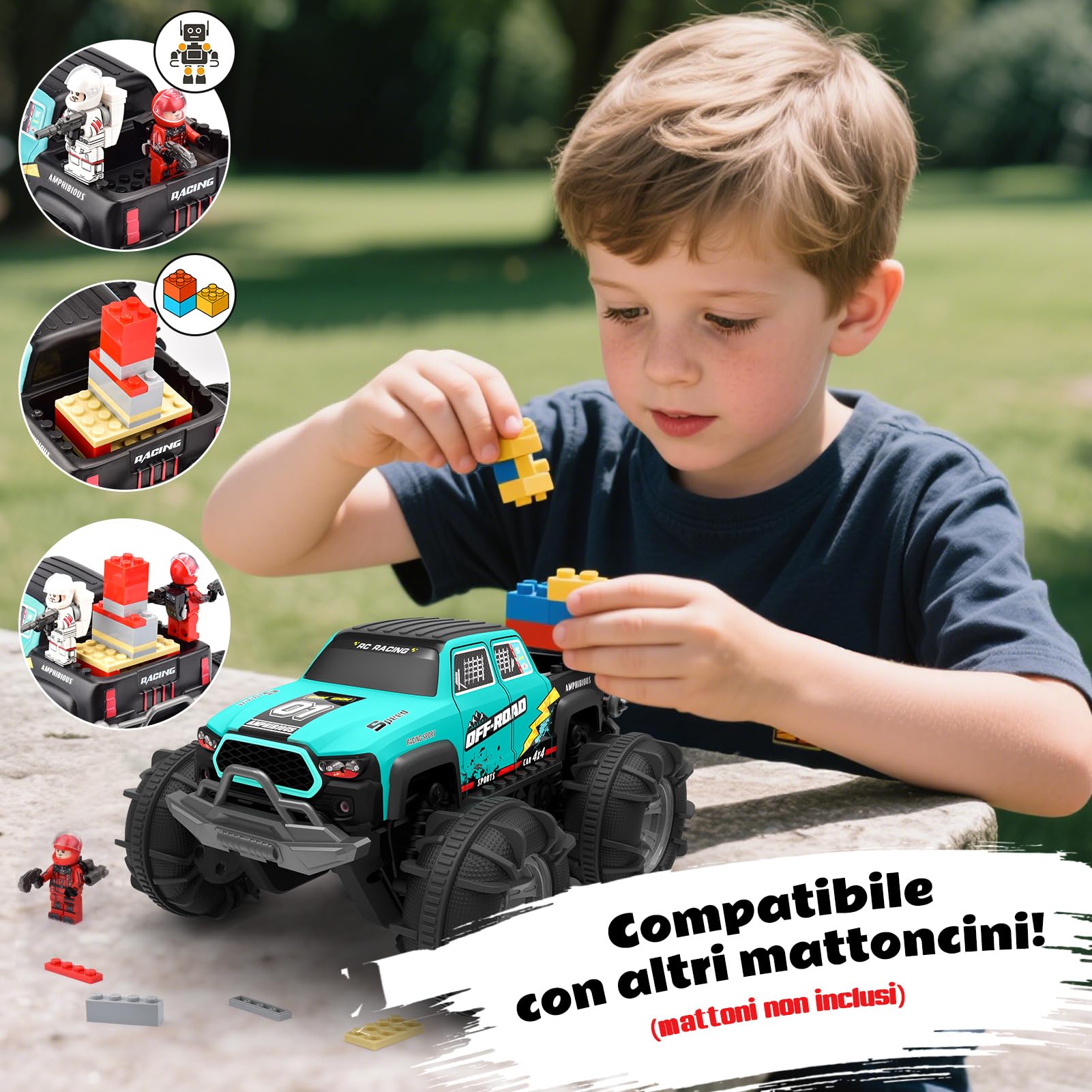 SIVQIKE Auto RC Anfibio 4WD Telecomandata – Macchina Stunt Offroad con Sensore Gesti, Luci LED, 2 Batterie, Giocattolo Impermeabile 4-12 Anni, per Sabbia Acqua e Terreno, Compatibile Mattoncini