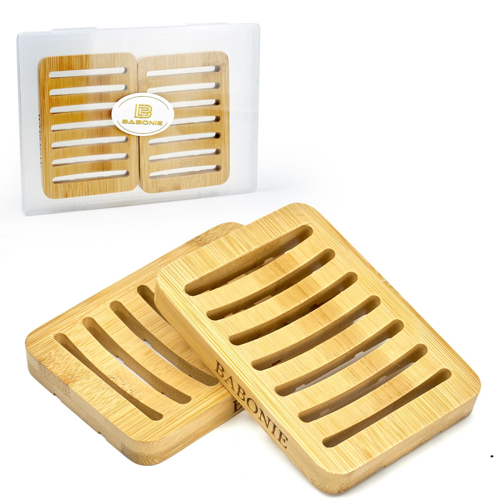 Bar Soap Holder, 2 Pack Self Draining Bamboo Sponge Holder - Curved Surface Slotted Soap Dish for Shower, Bathroom, Bathtub, Sink, RV, Packed in A Case(Bamboo Style)