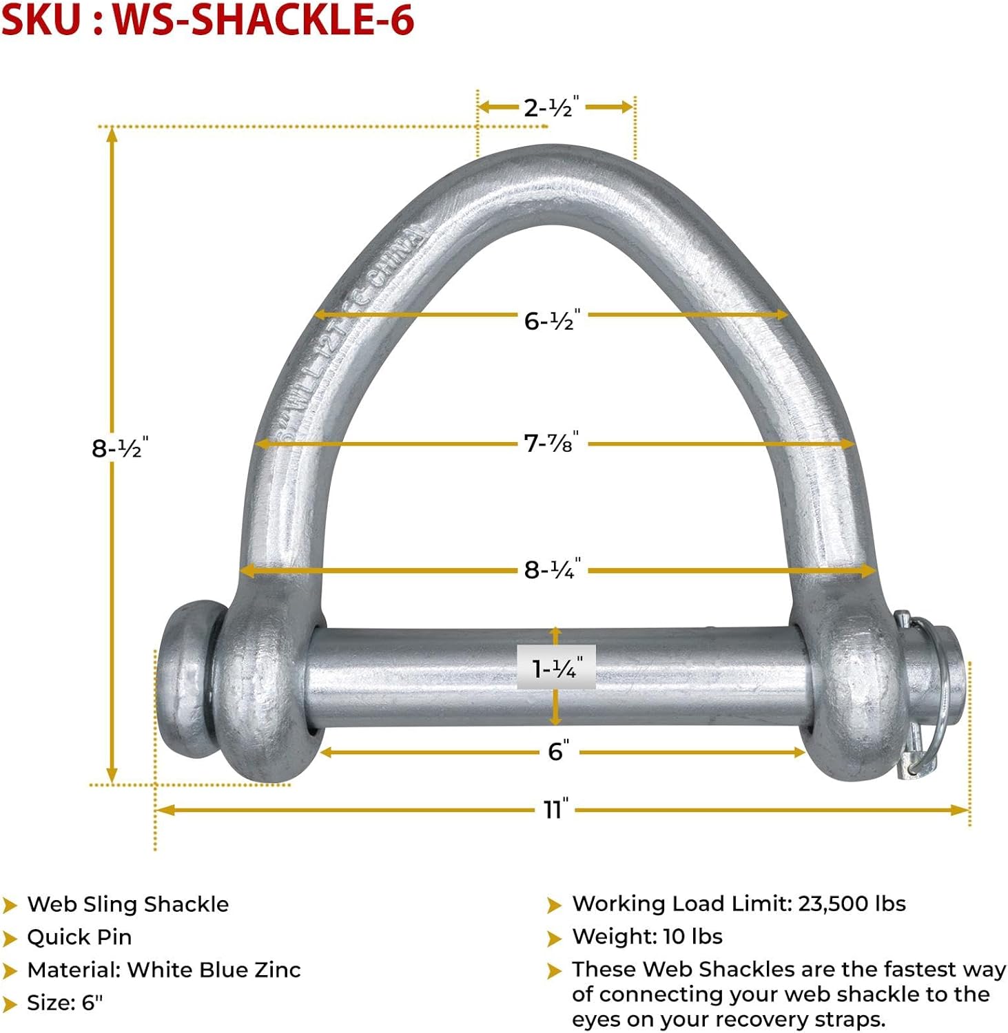 Mytee Products Web Sling Shackle - 6" w/Quick Pin, 23,500 lbs WLL, White Blue Zinc, for Recovery Straps, Auto Hauling, Towing