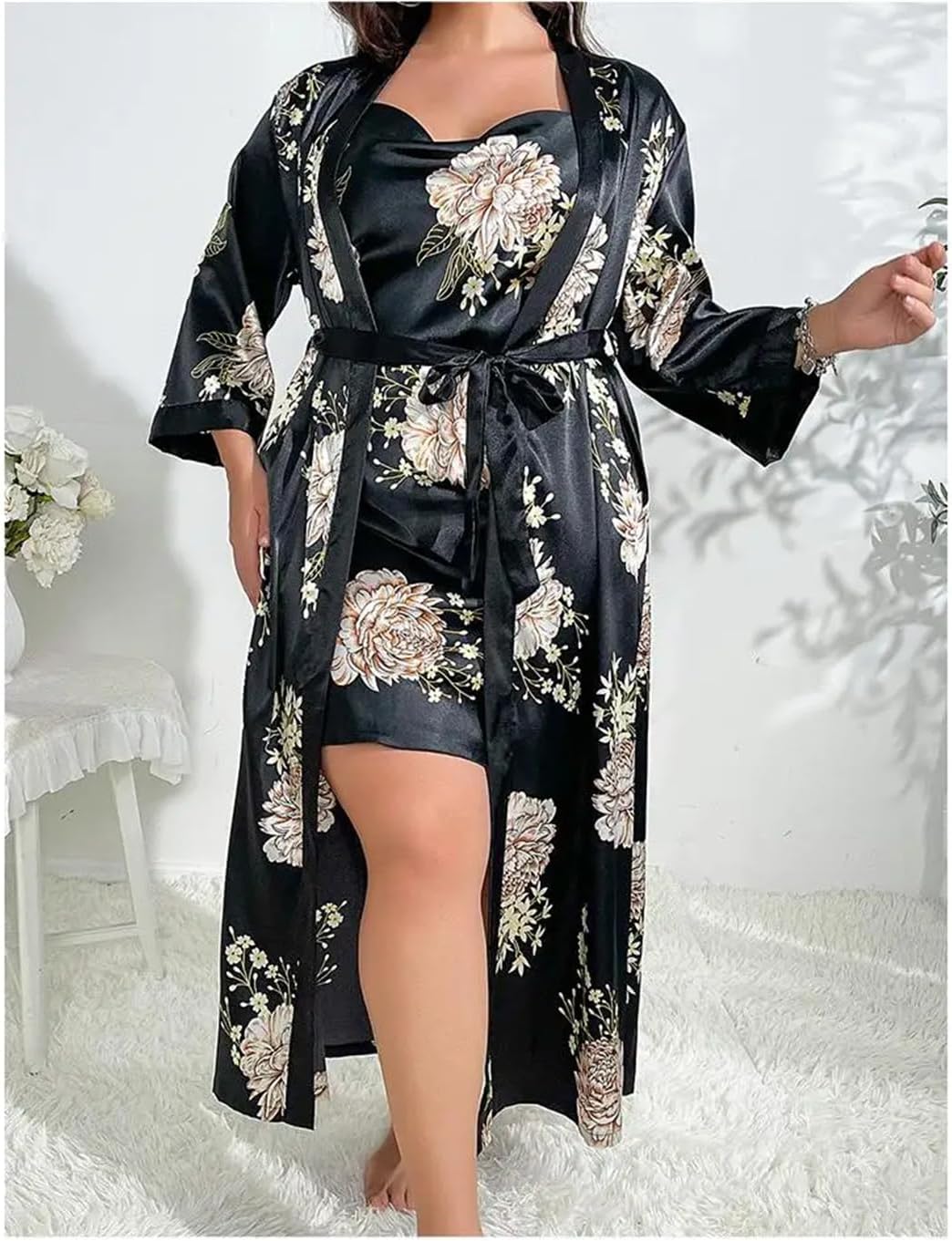 Women Gown Suit Print Kimono Nightgown Lady Robe Set Satin Nightsuits Lingerie