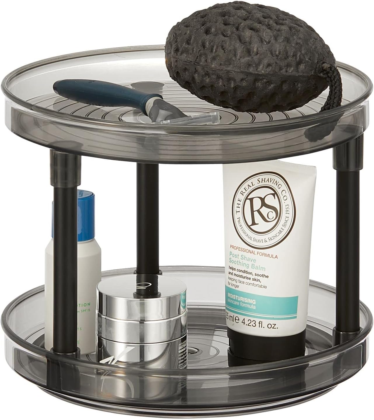 mDesign Spinning 2-Tier Lazy Susan Turntable Storage Tower, Rotating Organizer for Bathroom Cabinet, Vanity Counter, Sink - Double Decker Carousel Makeup Organizer, Ligne Collection, Smoke/Matte Black