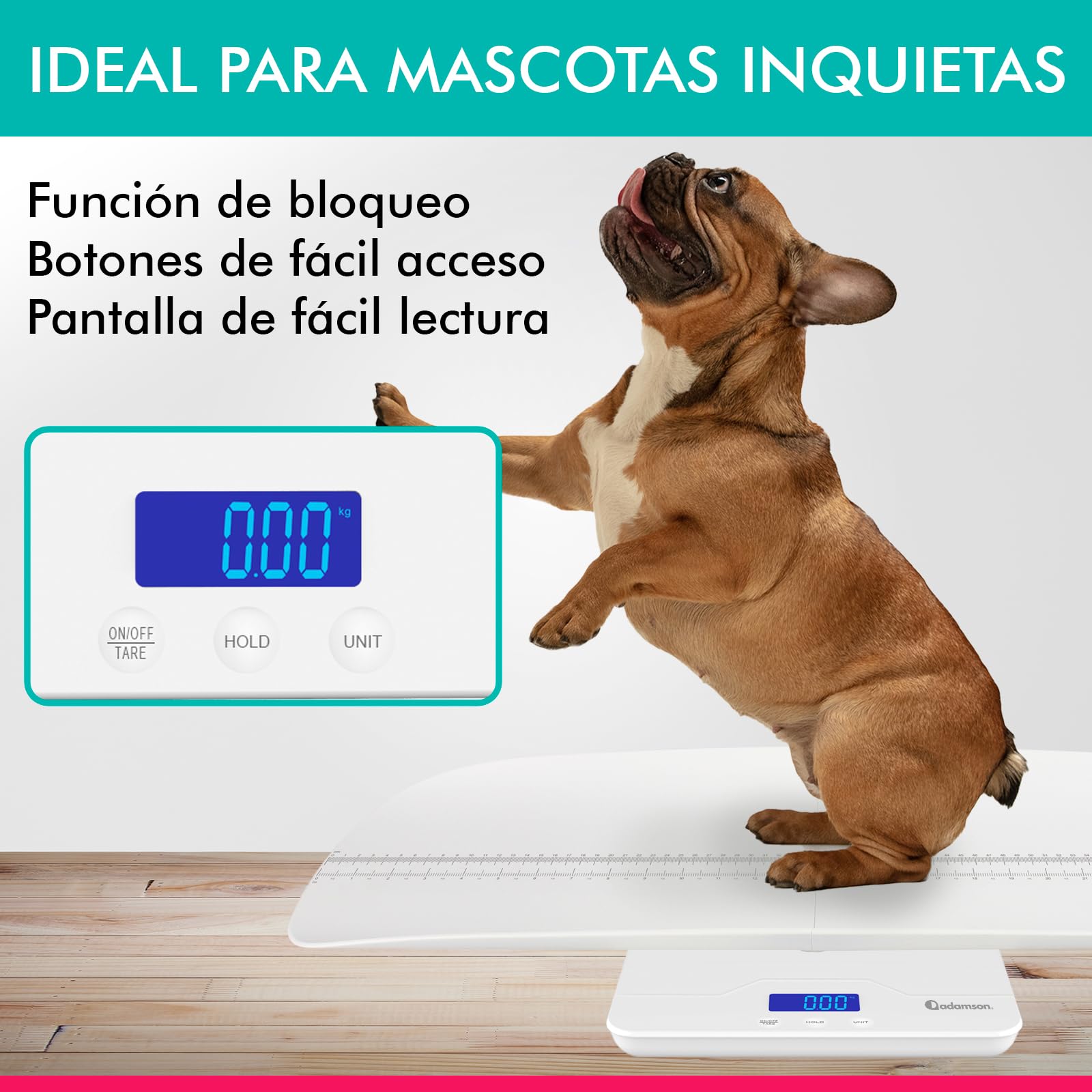 Adamson A50 Báscula para mascotas y bebés - Báscula digital para gatos, perros, conejos, cachorros, niños, adultos - Ideal para bebés prematuros - Hasta 100 kg