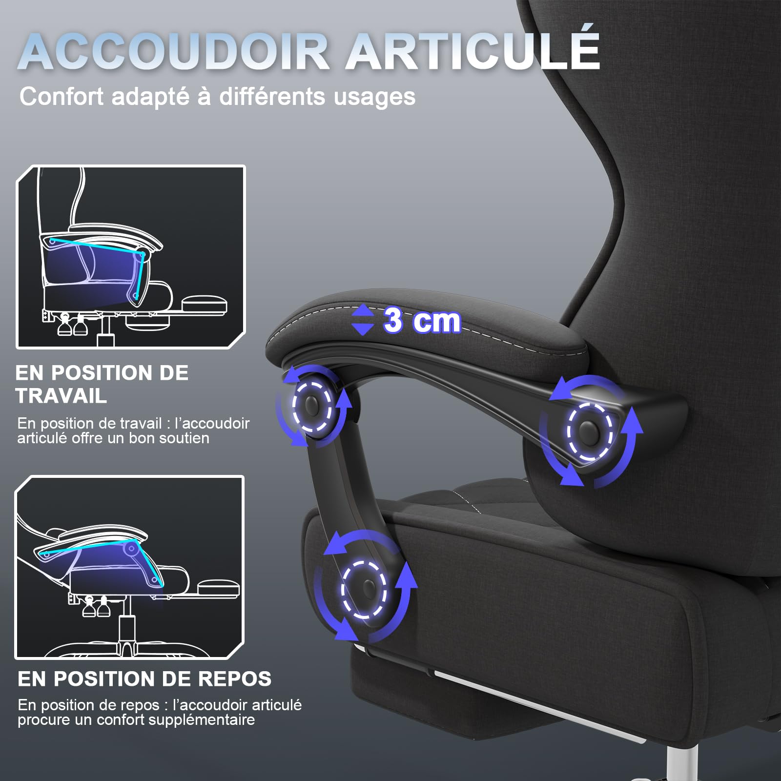 Devoko Chaise Gaming Ergonomique en Tissu, Chaise Bureau Gamer avec Repose-Pieds, Dossier Inclinable, Hauteur Réglable, Massage Lombaire, Fauteuil Gamer Respirant et Anti-Griffes pour Chat, Noir