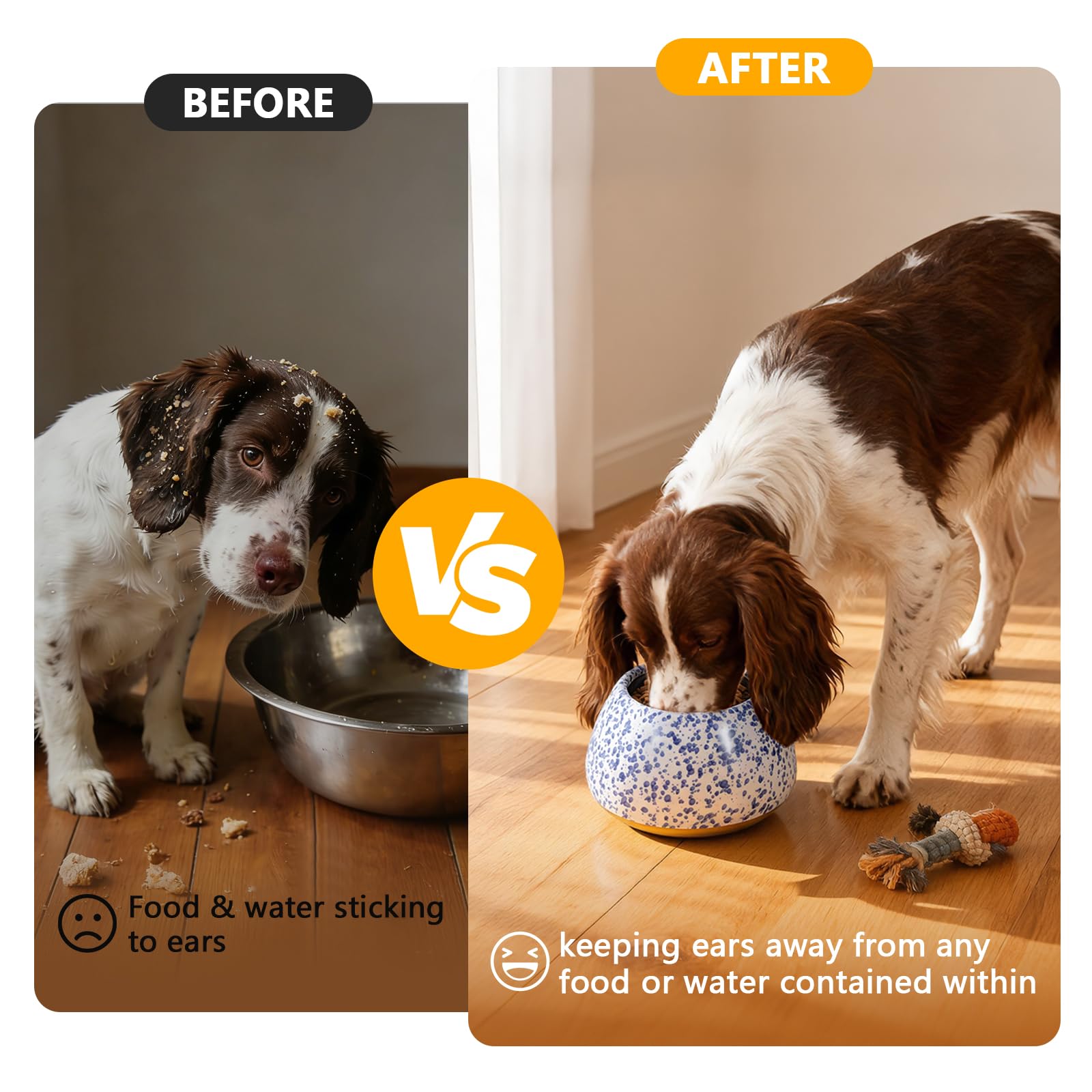 Ceramiczne miski dla psów, długie uszy duże psy miski na wodę i karmę - bez rozlania miska dla zwierząt biała z niebieskimi plamkami, cocker spaniel beagle bassett hound