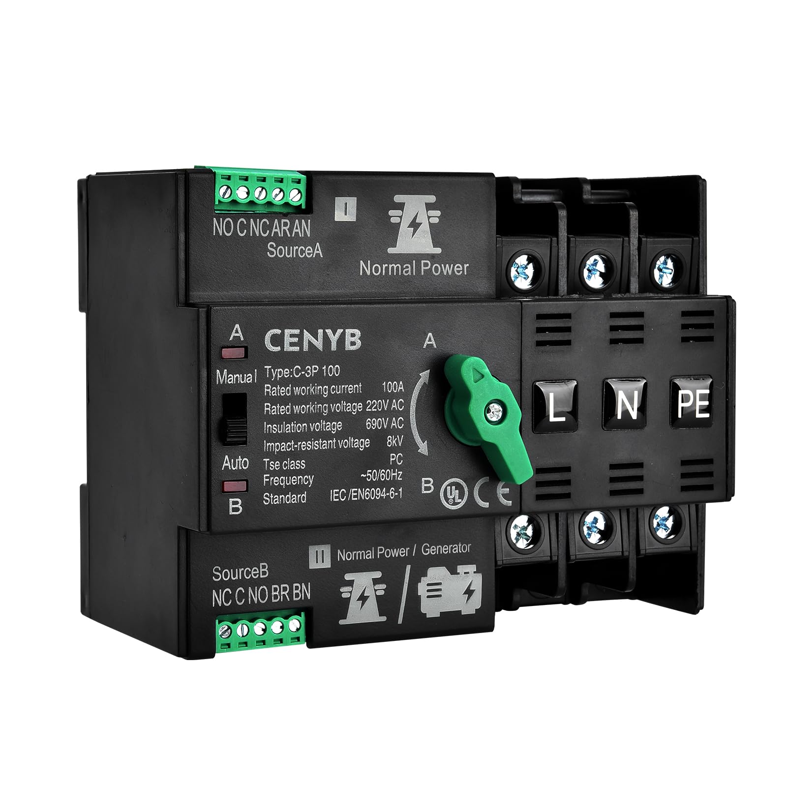 CENYB Automatic/Manual Transfer Switch for Home Generator 3P 100A AC220V Uninterrupted Power Supply DIN Rail Mount Toggle Changeover Module