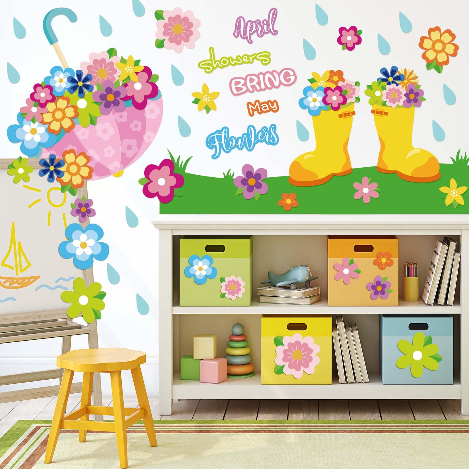 94Pcs Spring Cutouts Bulletin Board Decor - April Showers Bring May Flowers Paper Cut-Outs With Glue Points