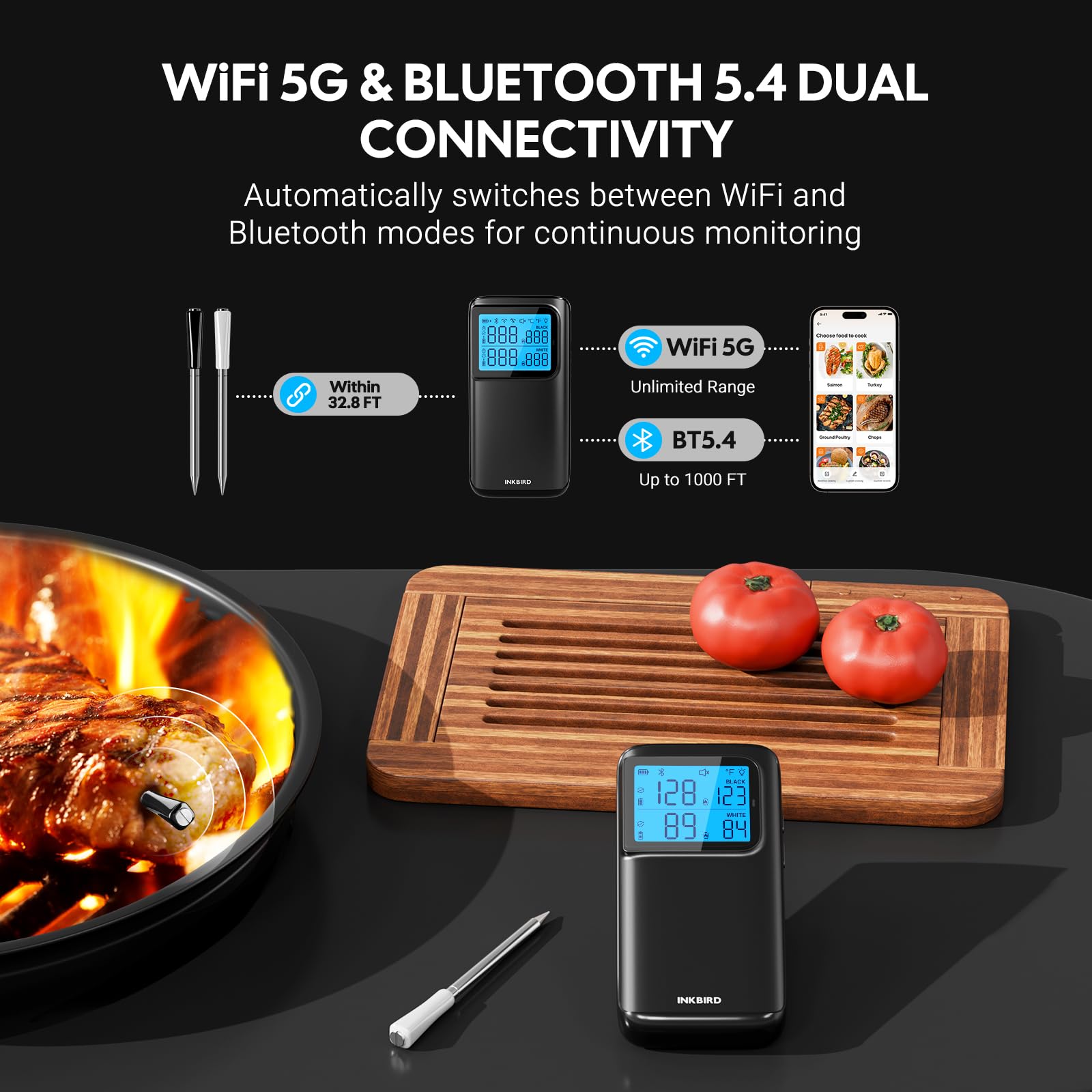 INKBIRD Wireless Dual Mode Multi-Sensor Meat Thermometer, WiFi 5G and Bluetooth 5.4 Connection, 2 Probes with 5 Sensors, CNAS-accredited Accuracy, for BBQ, Grill, Smoker, Oven, Kitchen