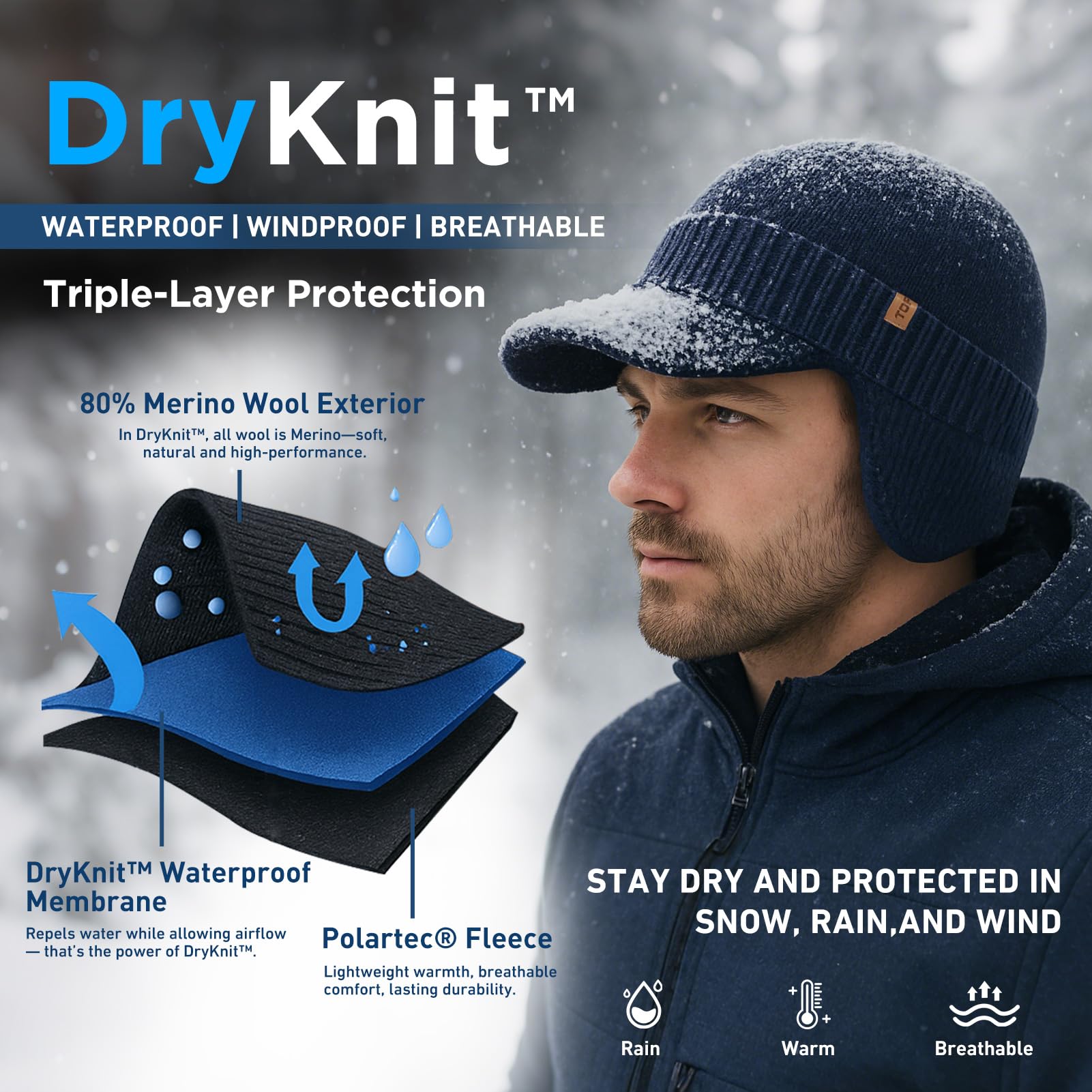 TOP-EX DryKnit™ Berretto impermeabile con visiera in 80% lana merino con paraorecchie invernale caldo foderato in pile Newsboy Baker Boy cappelli per il freddo - Stile unisex 55-66 cm