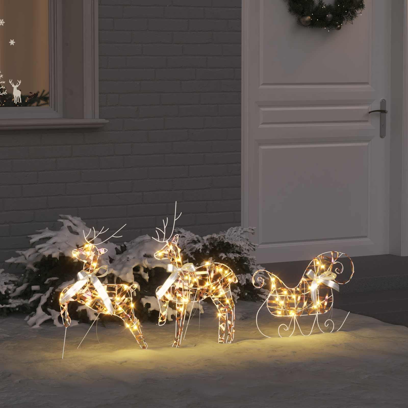 LED Rentiere mit 60 LEDs warmes Weiß PET, 3-teiliges Set mit Schlitten, 44x18x65,5 cm, dekorative Weihnachtsfiguren für Wohnzimmer, Terrasse, Art-Deco-Stil, USB betrieben, wetterfest