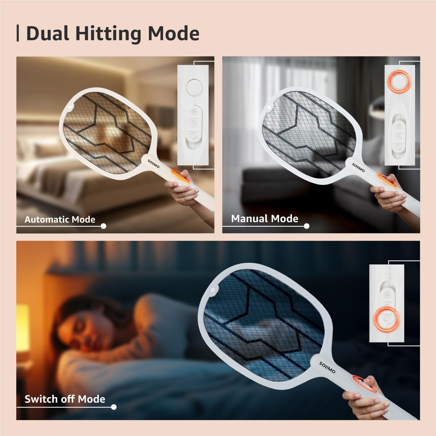 Amazon Brand - Solimo Anti Mosquito Racquet with Base Stand | Rechargeable Electric Fly Swatter | Handheld Bug Zapper Bat | 1200 mAH Li-ion Battery | USB Charging, White Grey 2
