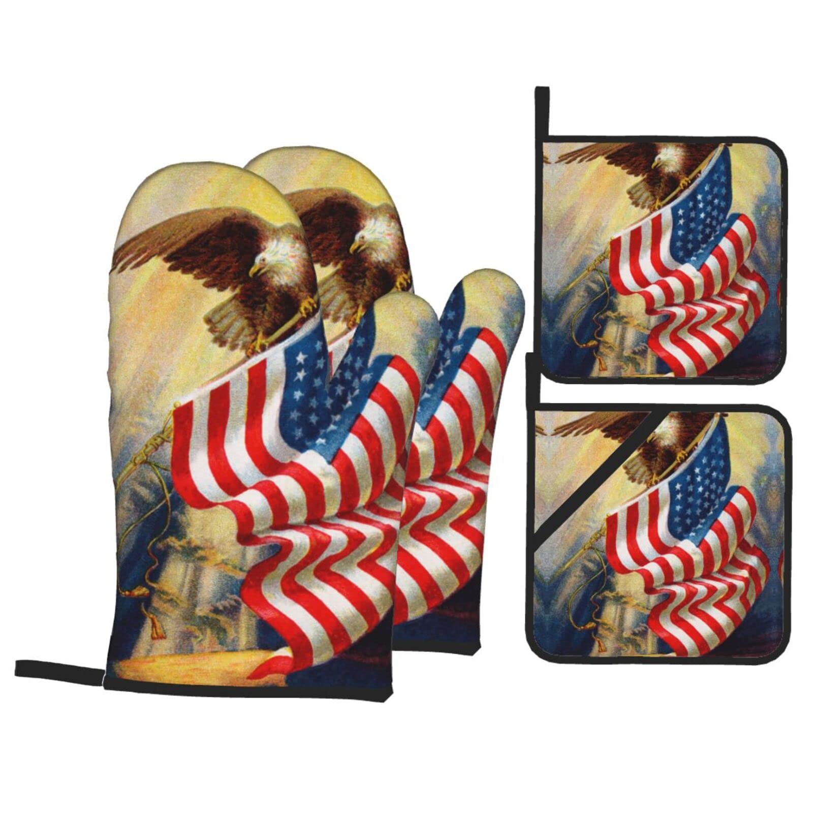 American USA Flag Eagle Art Oven Mitt and Pot Holder 4-Piece Set for Kitchen, Outdoor Grill, Baking