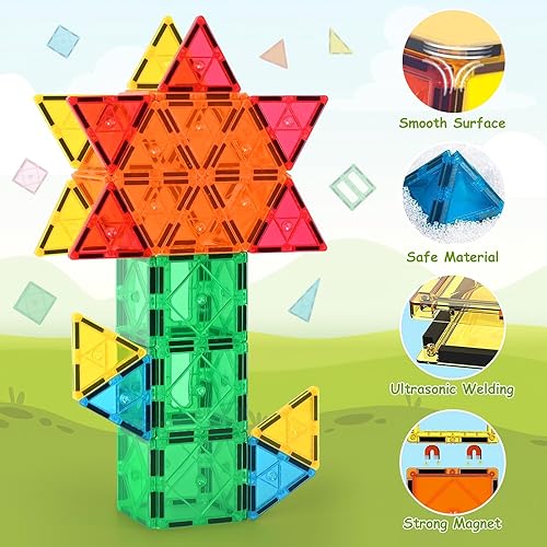 Miniatura 2 de Bloques de construcción de azulejos magnéticos, juguetes STEM Montessori, regalos para niños y niñas con 2 autos compatibles con otros bloques de