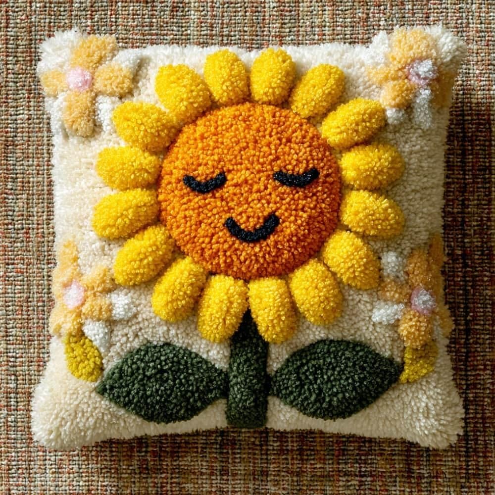 Taxpy Latch Hook Cushion Kits Sunflower Pillowcase Kits Embroidery Kit 17X17 Inch DIY Needlework Pillow Cover Sofa Cushion Rug Making
