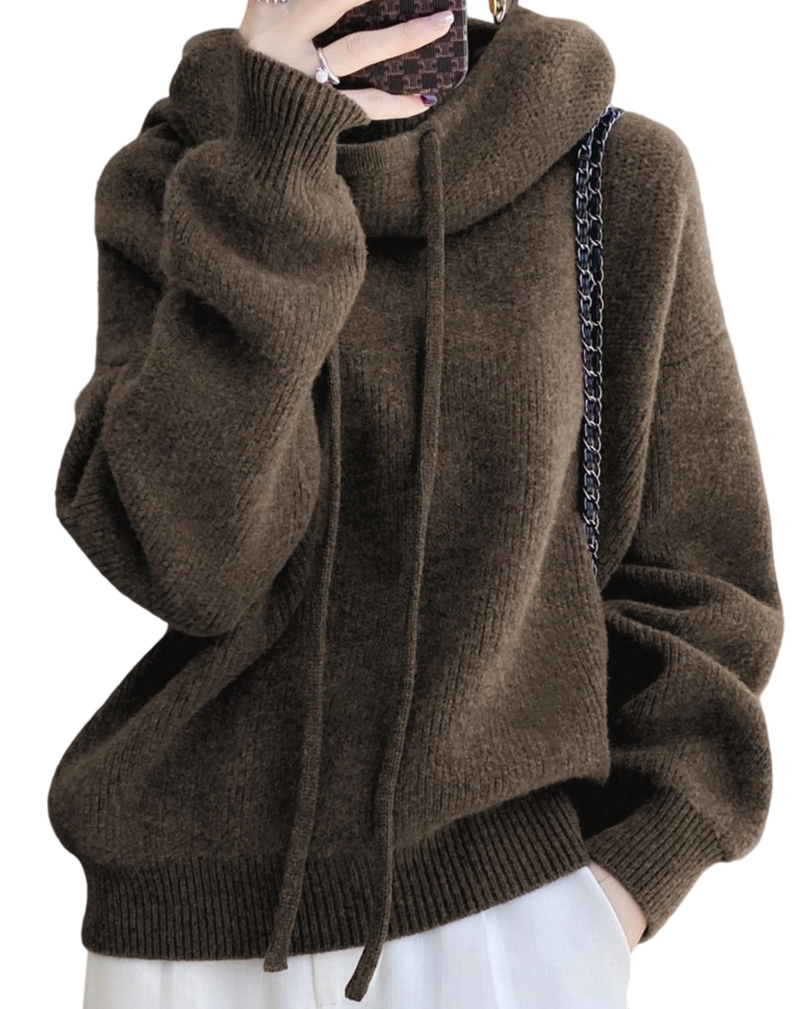 Womens Drawstring Cowl Neck Pullover Sweater Loose Turtleneck Solid Color Fall Winter Knit Sweater Tops