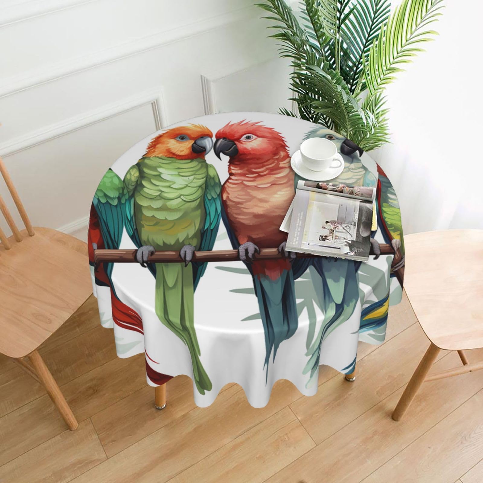 FodPand Colorful Parrots On Tree Tablecloths for Round Tables 60 Inch - Reusable Washable Dining Table Clothes - Stain and Wrinkle Resistant Decorative Fabric Table Cover for Wedding Party
