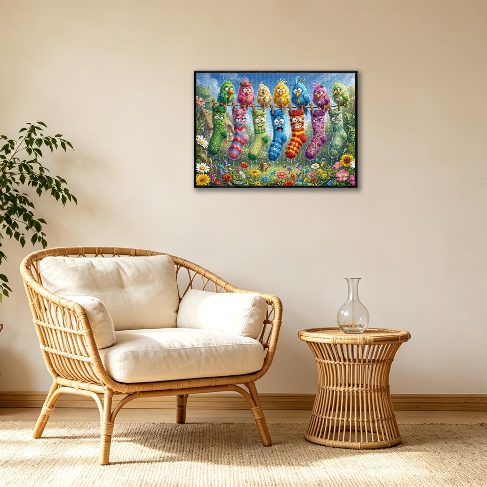 Puzzle per adulti 1000 pezzi, divertenti uccelli calzini stendibiancheria | Simpatico puzzle da giardino, con uccellini, con poster, borsa portaoggetti, decorazione da parete, regalo divertente