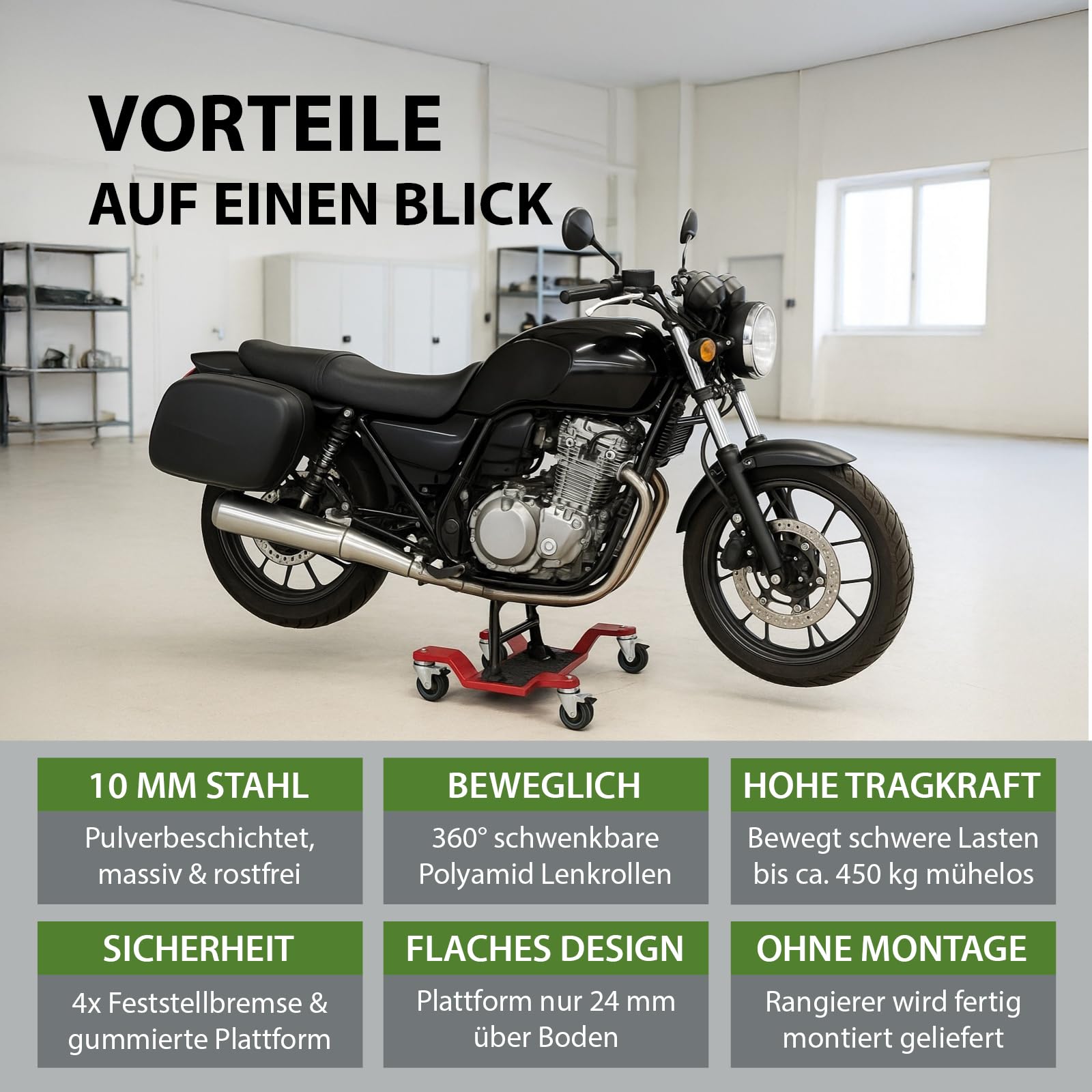 TRUTZHOLM Rangierhilfe für Motorrad mit Hauptständer Tragkraft 450 kg Rangierplatte extra-flach mit 4x Doppenrollen 360° schwenkbar und 4x Feststellbremse Rangierroller 10 mm dicker Stahl in rot