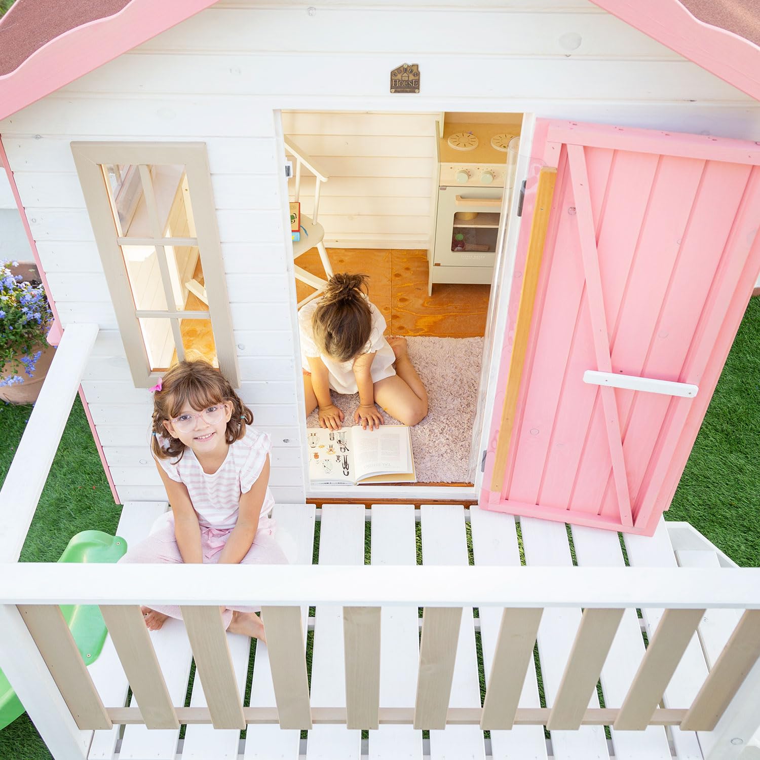 Casas Green House Casita Infantil de Madera Exterior con Tobogán 150 x 192 x 230 cm
